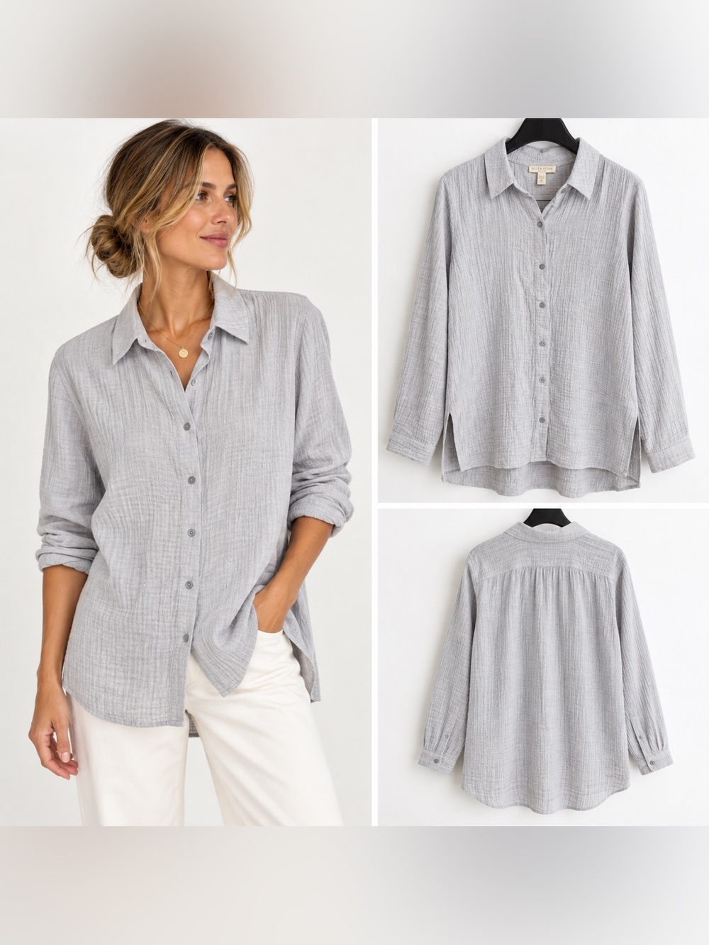 Eileen Fisher Petite Organic Cotton Gauze Button Down Shirt PS